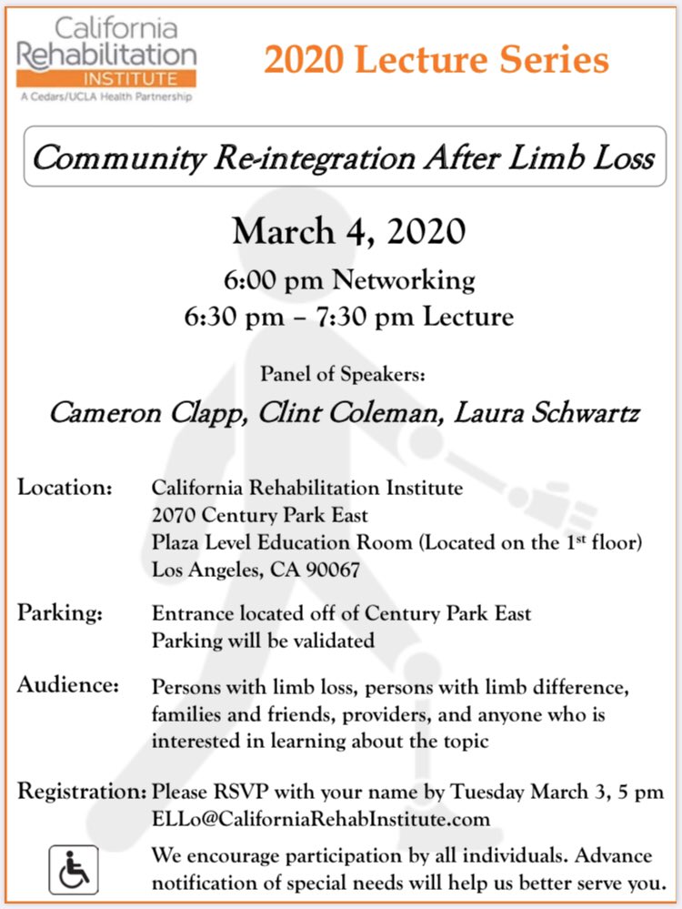 CameronClapp's tweet image. If you are in LA tomorrow come check out the Cal Rehab Institute event “Community Re-Integration After Limb Loss” panel of speakers including myself and a few other excellent experienced amputee community members. #CalRehabInstitute #CommunityReintegration 
#LimbLoss @HangerNews