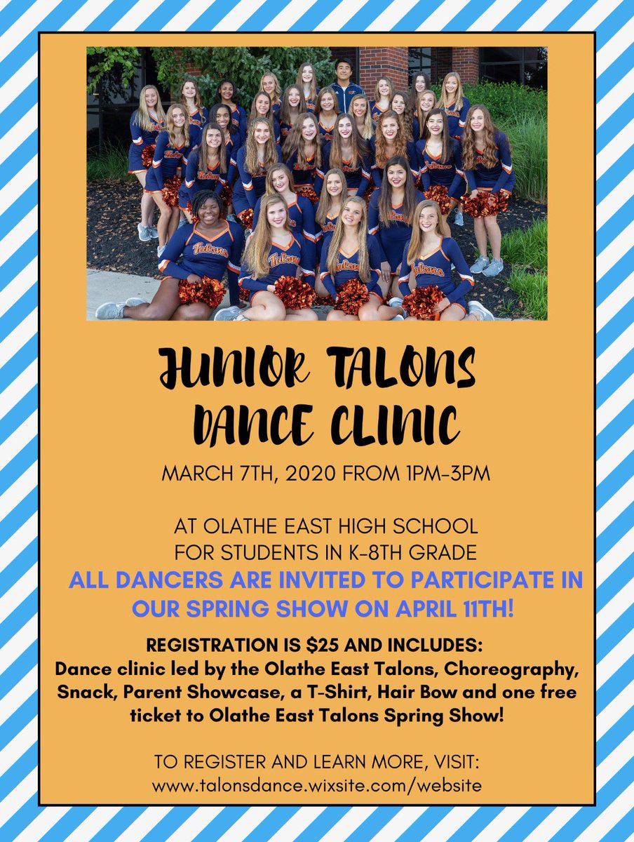 OeDance's tweet photo. Come and dance with the Talons at Olathe East this Saturday!!  Bring your friends and join us for a day of fun and an invite to perform on stage at our spring show in April!!  Can’t wait to see you there! https://t.co/kxRNZrVTCk