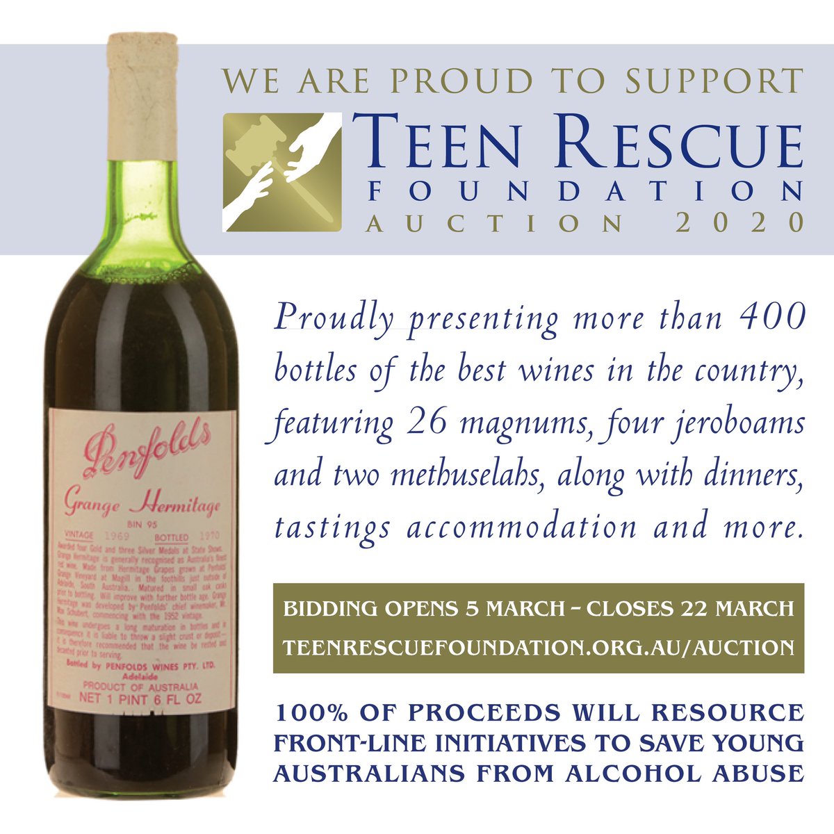 The <a href="/teenrescuefound/">TeenRescueFoundation</a> Auction 2020 opens tomorrow March 5. Oz’s finest wine, experiences &amp; dinners are up for bid. All details: teenrescuefoundation.org incl. the amazing work that the <a href="/TysonStelzer/">Tyson Stelzer</a> Foundation does. #aussiewine #TeenRescueFoundation
