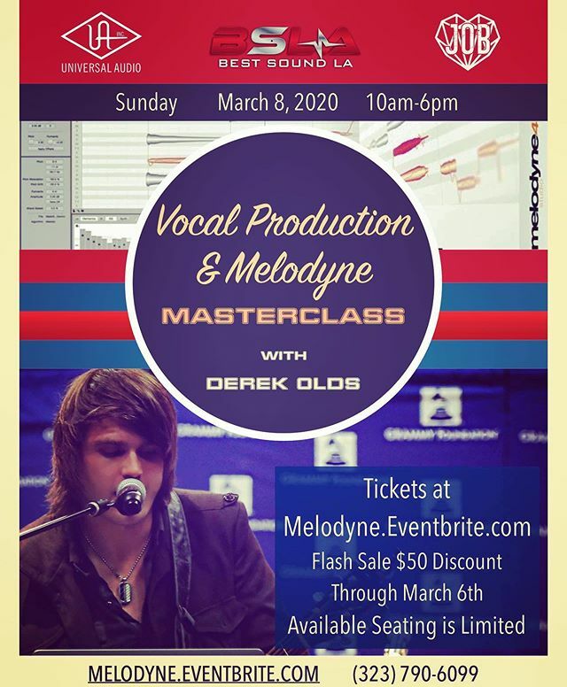 Celemony's tweet photo. RT @derekoldsmusic: ... Melodyne &amp; Vocal Production class in Los Angeles this Sunday March 8th.  It will be a deep dive into modern vocal magic like you’ve never seen💡🎶 Tickets and further info in my bio and at MELODYNE.EVE… https://t.co/k0sJjAMHx2 https://t.co/fcxckBexkh