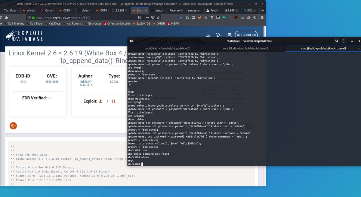 Born2LBuilt2W's tweet image. #ROADTOOSCP Rooted Kioptrix level2 Included some SQL &amp;amp; Command injection,Reverse shell,File Transfers Then Privilege escalation with a vulnerable linux Kernel version That needed to be Compiled