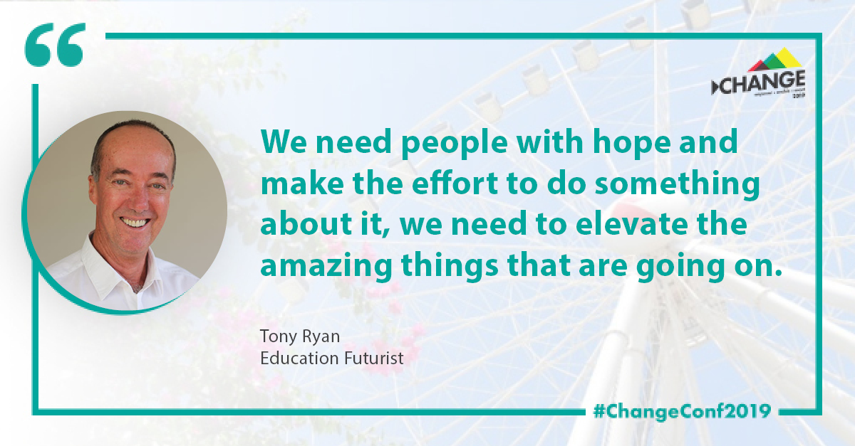 ChangeConfAU's tweet photo. In a world where bad news dominates the headlines, 
@aussietony a #ChangeConf2019 keynote challenged us to be beacons of hope. Subscribe to the @SMGriffith1
YouTube channel where you can view #ChangeConf2019 keynotes for free 👉https://t.co/jyhujyOW7K… #socmar https://t.co/tODucxb6PY