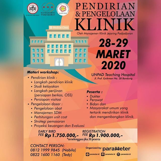 parameterID's tweet image. Ikuti Seminar/Workshop Pendirian dan Pengelolaan Klinik bersama PARAMETER 🤗🤗 Tanggal : 28-29 Maret 2020
📍Gd. RS Pendidikan UNPAD
Jl. Eijckman no. 38 Bandung
Kuota terbatas !! *Materi Workshop*
Pendirian klinik :
• Langkah pendirian klinik
• Studi… ift.tt/2Iic3Wc