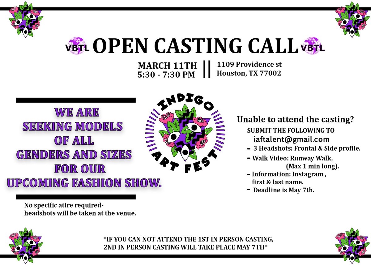 VBTLife's tweet photo. VBTL will be in association with IndigoArtFest for their annual Fashion show. First casting call will take place March 11th. (Read flyer for details.) https://t.co/Y2xv4PxqRh