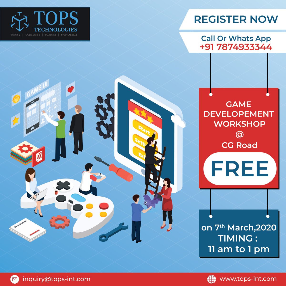 topstech's tweet image. To All The Game Lovers. 
Time to convert ur Addiction into ur Bright Future .

To Book your seat for our upcoming #FREEWorkshop on #GameDevelopmentCourse @ our C.G. Road Branch, Ahmedabad on this Sunday. Call / WhatsApp on : +91-7874933344

#TopsTechWorkshop 
#Technologies2020