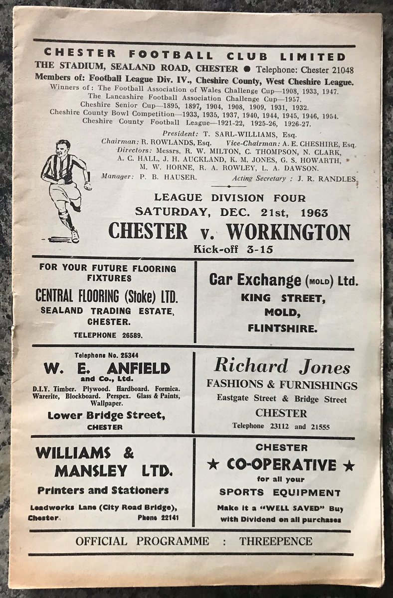 ClasicProgramme's tweet image. 21 Dec 1963 Sealand Road
Chester 2-1 Workington
Division Four
Attendance: 4,370
Goal Scorer’s: CFC: Lee (2)
@ChesterFC @thesilkmen