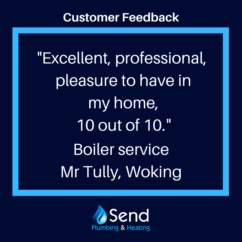 We pride ourselves on providing excellent service so feed back from clients like Mr Tully from Woking always makes our day: "Excellent, professional, pleasure to have in my home, 10 out of 10." Boiler service. #Plumber #Woking #ExcellentService