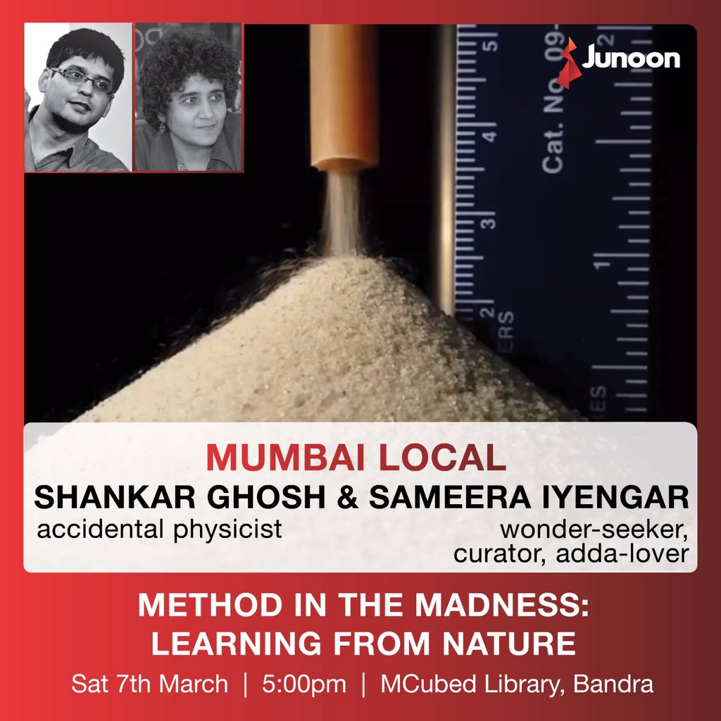 Join us for a #MumbaiLocal session that promises an exploration of fascinating patterns, surprising behaviour(of objects and cities),cool experiments with #ShankarGhosh and #SameeraIyengar at #MCubedLibrary

RSVP tinyurl.com/MLwithShankar-…

Curator: @tifrarnab