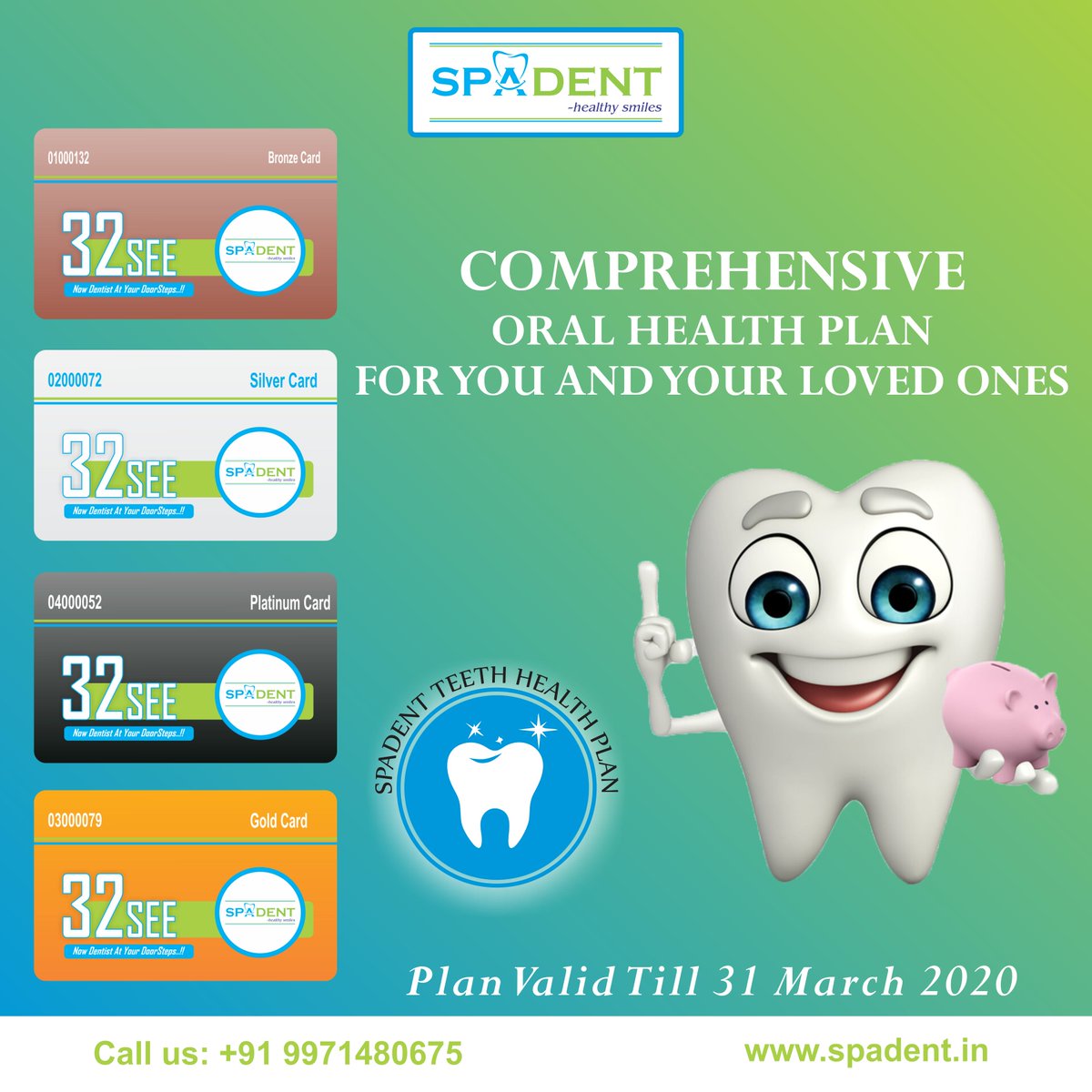 spadent_india's tweet photo. We offer four different membership plan under 32SEE Treatments. Membership Card (32SEE) which focus on your oral health &amp; healthy smiles. For more detail call us at 9971480675.
.
.
.
.
#dentalcamp #spadent #membershipcard #bronzecard #silvercard #platinumcard #goldcard #32see https://t.co/zCHld1kykt