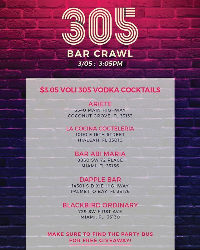Railroad_Blues's tweet photo. This THURSDAY!
3/05/2020
We are excited to Announce that we will be part of @onlyindade 
305 Bar Crawl!

MEDIA NOCHE @blackbirdordinary will be the ending to the 305 Bar Crawl!

Come out for this 3/05 Celebration!
$3.05 @volivodka305 Drinks!

Pachanga , … https://t.co/wuF3NpElL4 https://t.co/h9g4E9OI6X