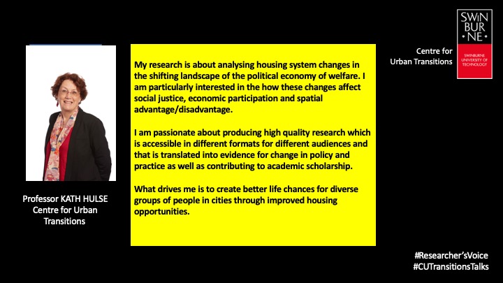 CUTransitions's tweet photo. "What drives me is to create better life chances for diverse groups of #people in #cities through improved #housing #opportunities." by our #KathHulse for #InternationalWomensDay2020 #WomenInScience #ResearchersVoice https://t.co/Sb3MZ4RtDH