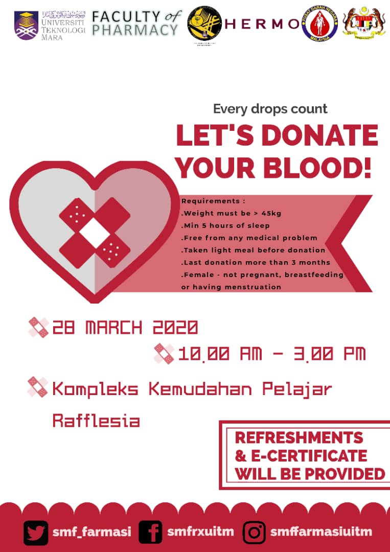 smf_farmasi's tweet image. BLOOD DONATION 💉🩸🩸

*ASSALAMUALAIKUM*
*SALAM UITM DIHATIKU*
*SALAM FAKULTI FARMASI*

✨Bersempena Pharmacy Healthcare Day 5.0, Sekretariat Mahasiswa Fakulti Farmasi dengan kolaborasi Pusat Darah Negara akan menganjurkan Blood Donation