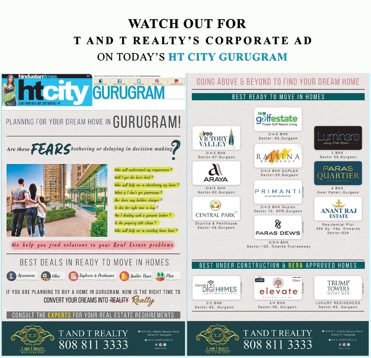 tntrealtyin's tweet photo. "Watch Out" our AD on HT CITY GURUGRAM
.
.
.
.
#realestate #Homeforsale #delhiproperty #readytomovein
#bestinvestment #luxuryhomeindia #gurugramnews #whatsupgurgaon #gurgaoncity #gurugram #gurgaonnews
#hindustantimes https://t.co/pAeoanEcQZ