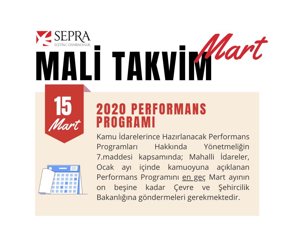 SepraDan's tweet photo. Mahalli İdareler 2020 yılı Performans Programını en geç Mart ayının on beşine kadar Çevre ve Şehircilik Bakanlığına göndermeleri gerekmektedir. 
#belediye #yerelyönetim #performansprogramı #çşb #planlama #stratejikyonetim #5018kanun #malitakvim #malihizmetler #stratejigelistirme https://t.co/Ce9gOMFf2D