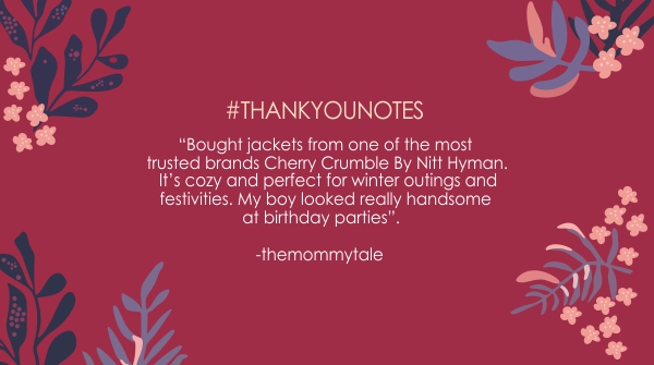 CherryCrumble_'s tweet photo. Surrounded with love & care, we promise to deliver only the best for your child!
Churning out great outfits for you to seize the day at https://t.co/XCgsfe9kb0
@themommytale
#thankyounotes #testimonials #happycustomer #fanmail #bynitthyman https://t.co/eOCbD3jqYO