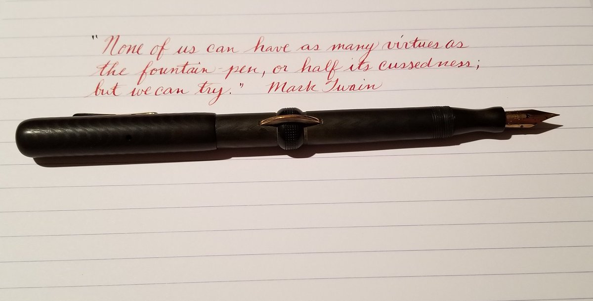 AnnPeek's tweet photo. A #MarkTwain #quote and a #vintage #conklincrescentfiller are a great combination. #clairfontainetriomphe #paper #nib #ink #writing #fountainpen #flexnib #watermanaudaciousred #Rockyourhandwriting #cursive #linevariation #styloplume #penandink #vintagefountainpen #vintageflexnib https://t.co/HGV2wTQgyS