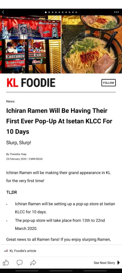 Yoshi_inbu69's tweet photo. 一蘭が10日間限定でマレーシアに来るらしい！
これは必ず行く！
#malaysia #ichiran #klcc #only10days #一蘭 https://t.co/1W4gFKtH50