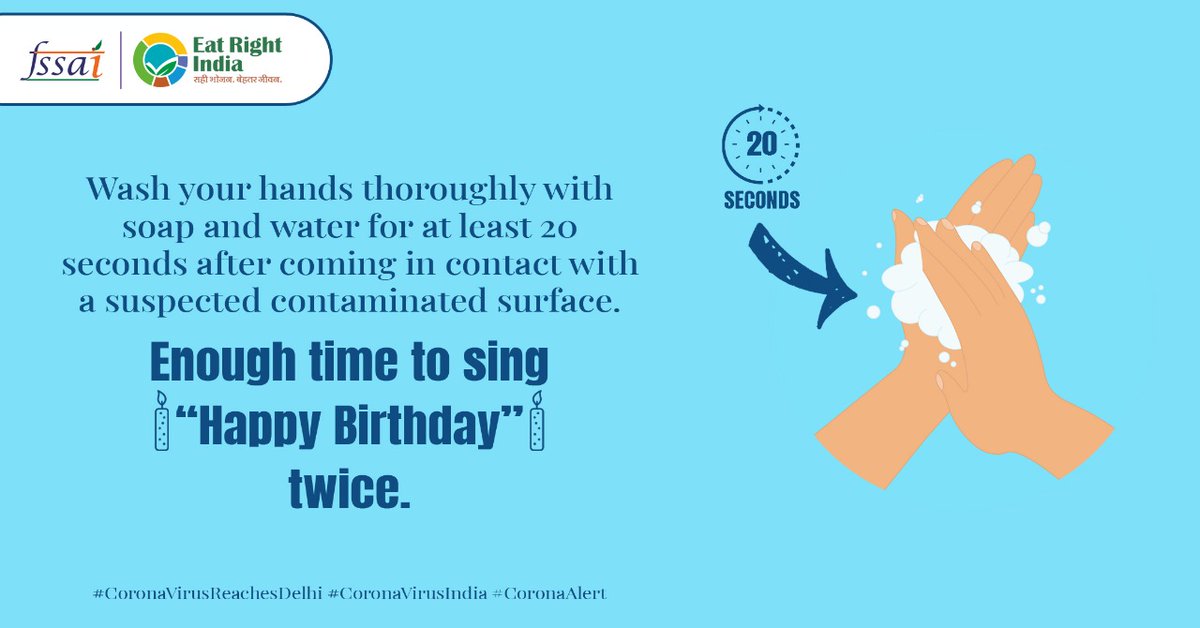 As a protective measure against the #CoronaOutbreak, wash your hands thoroughly with soap and water for at least 20 seconds after coming in contact with a suspected contaminated surface.

#CoronaAlert #coronavirusindia