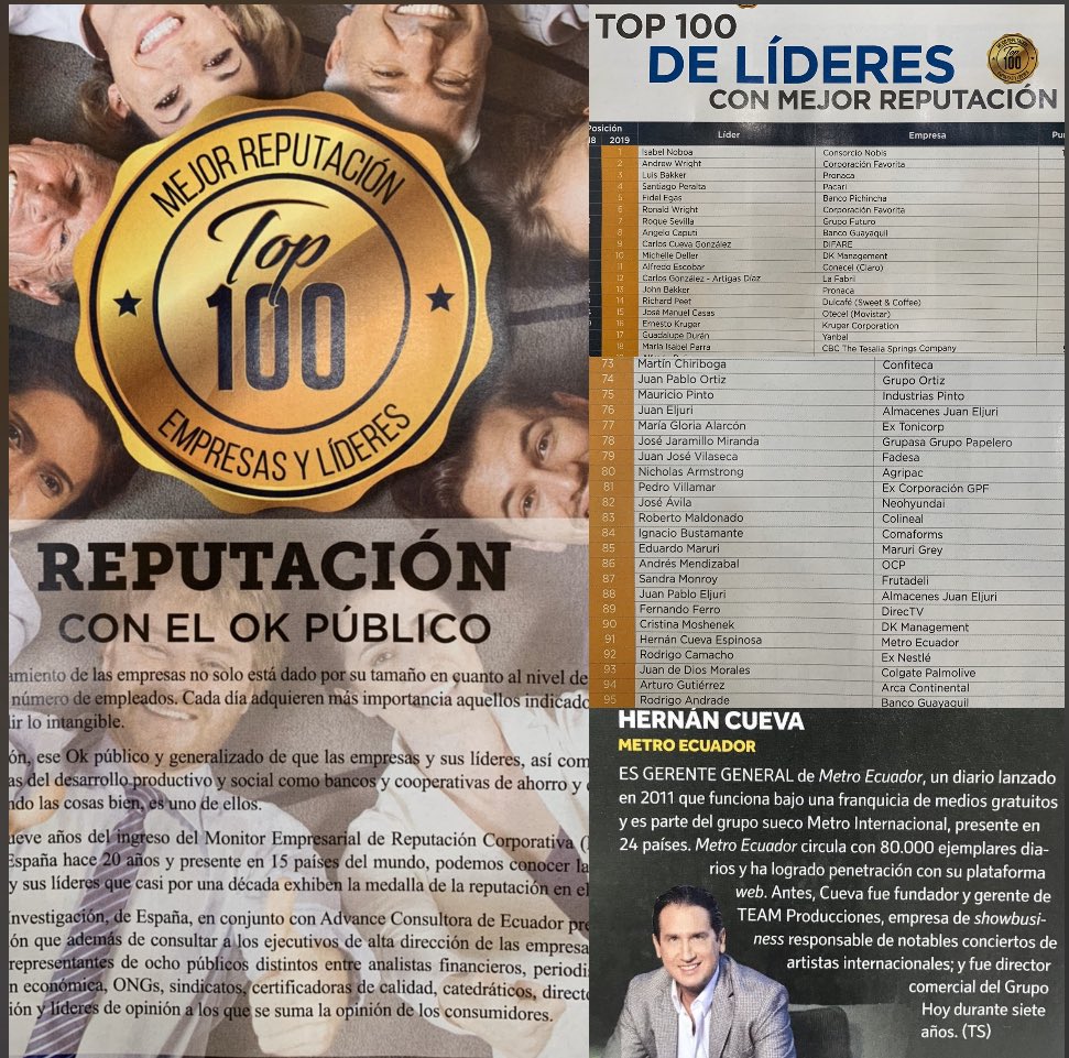 Agradecido y honrado por ser  considerado, por segundo año, por Merco como uno de los 100 líderes con mayor reputación del Ecuador. #MetroEcuador #InformeEmpresarial #EncuestaMerco #YoSoyMetro #RankingMerco