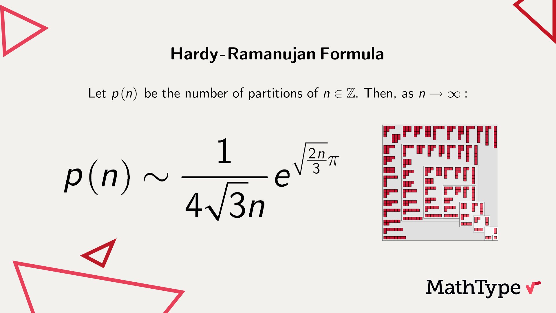 Mathtype The Partition Function P N Represents The Number Of Ways To Write N As A Sum Of Positive Integers We Don T Have A Closed Formula But The Hardy Ramanujan Formula Explains