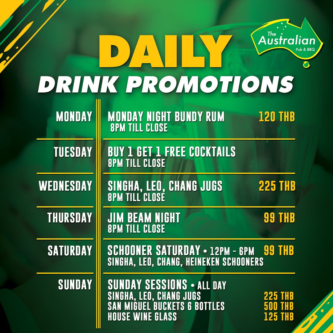 Weeks at The Aussie are packed with daily deals promotions, including Tuesday 'Buy 1 Get 1 Free Cocktails' and 'Sunday Sessions'!