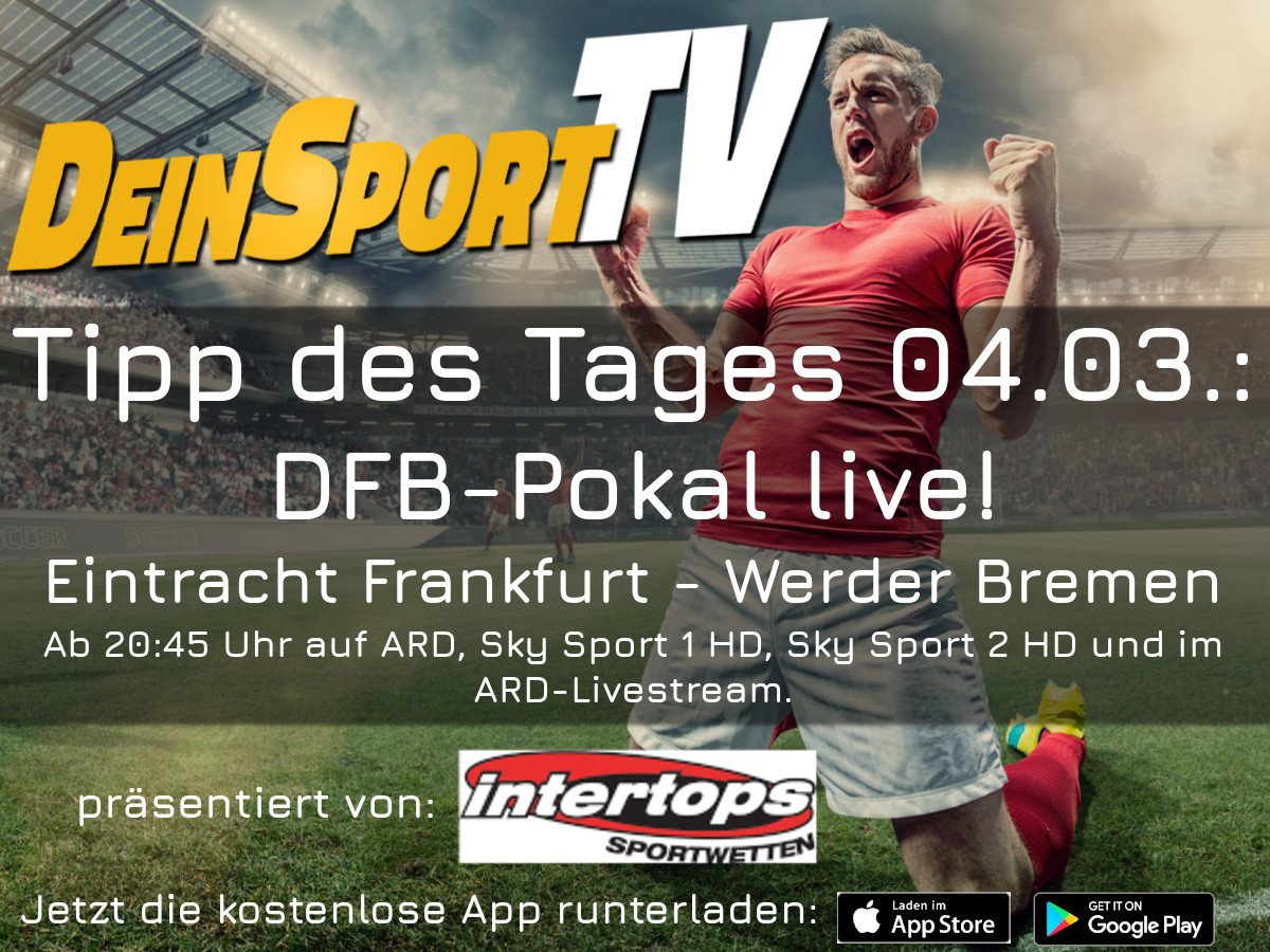 DeinSportTV's tweet photo. DFB-Pokal live!
Die verschobene Partie am Sonntag sorgt für Aufregung! Das Spiel im @DFB_Pokal zwischen der @Eintracht und @werderbremen findet jedoch wie geplant heute ab 20:45 Uhr auf @DasErste, @SkySportDE 1 HD und im ARD-Livestream. #intertops #tippdestages #deinsporttv https://t.co/rK0iZViyd9
