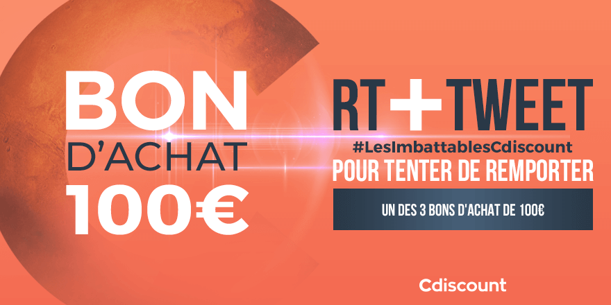 Cdiscount's tweet photo. #Concours

Pendant 15 jours, on vous propose un deal IMBATTABLE par jour ➡ https://t.co/lxBK0fAwPl !

Pour mieux en profiter et tenter de gagner un bon d'achat de 100€ :
- RT + Tweet #LesImbattablesCdiscount

Tirage : 10/03 https://t.co/AtDOITNGjg