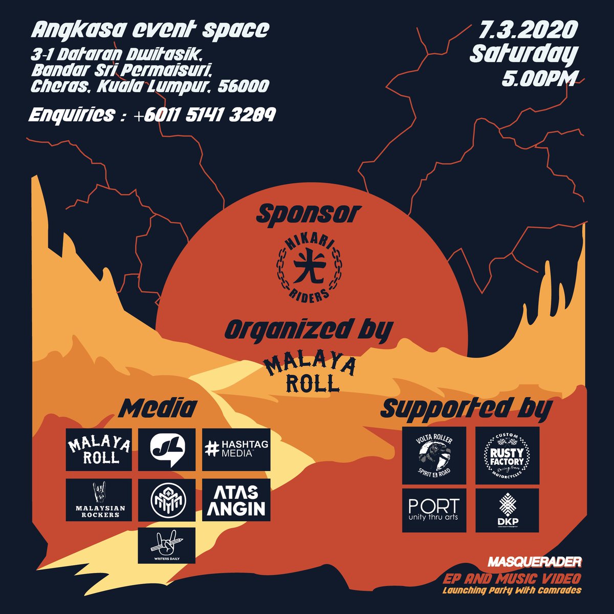 MALAYA ROLL (@malayaroll) on Twitter photo TELEPORTASI PARADOKS
<a href="/MasqueraderBand/">Masquerader Band</a> EP and Music Video launching on saturday, 7 March 2020 at <a href="/AngkasaSpace/">ANGKA///SA EVENT SPACE</a> . Show start at 5pm till end.
Contact us to get your tickets now.
011 5141 3289 - Sariy
Early bird : RM 25
Door : RM 35
#malayaroll #hikaririders #sapotlokalband TELEPORTASI PARADOKS
<a href="/MasqueraderBand/">Masquerader Band</a> EP and Music Video launching on saturday, 7 March 2020 at <a href="/AngkasaSpace/">ANGKA///SA EVENT SPACE</a> . Show start at 5pm till end.
Contact us to get your tickets now.
011 5141 3289 - Sariy
Early bird : RM 25
Door : RM 35
#malayaroll #hikaririders #sapotlokalband
