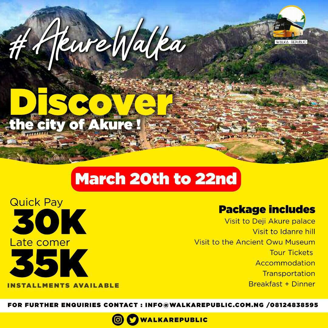 thedamiade's tweet photo. Its not stress that kills us, it is our reaction to it!
Traveling is a perfect way to react !
Take time off this March ! Explore Akure with us, Explore Nigeria 🇳🇬 with Walka Republic
#WalkaRepublic #Walka2020Calendar #AkureWalka https://t.co/VkptNj3gTg