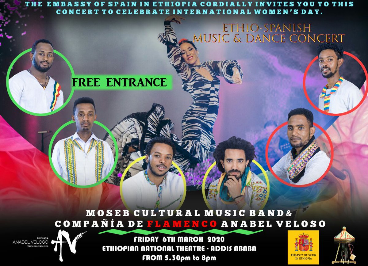 EmbSpainAddis's tweet photo. 📢 Reminder!
Free Spanish Flamenco & Ethiopian traditional music today at Yared School of Music (#Addis Ababa University) at 3pm...ahead of the fusion concert at the National Theatre on Friday at 5.30pm!
With @AnabelVeloso and #Moseb Cultural Music Band.
Everyone welcome! https://t.co/pnbpUOS2Lg