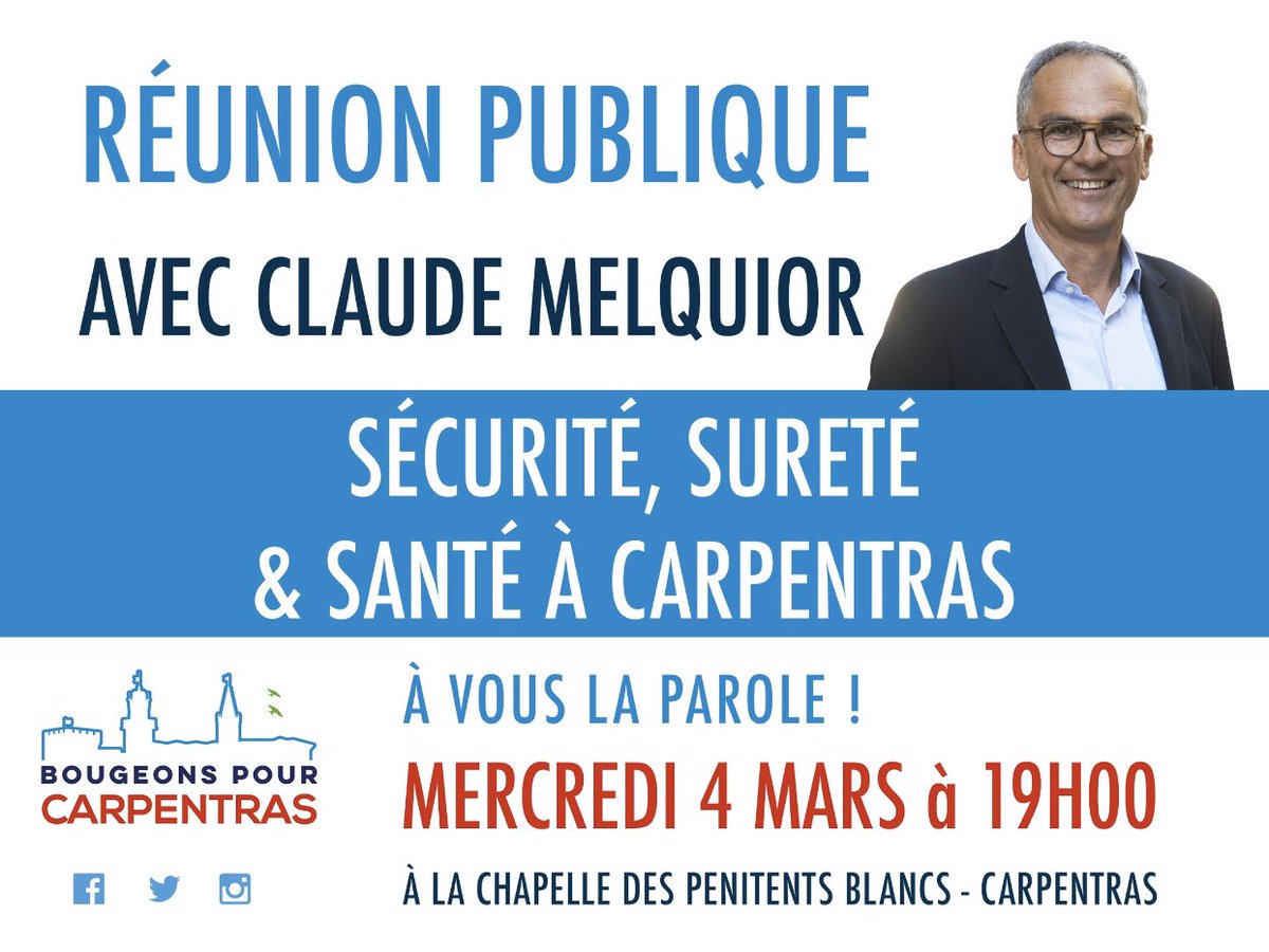 ClaudeMelquior's tweet photo. ✴️ Ce soir a La Chapelle des Pénitents Blancs nous vous parlerons de nos projets en terme de Sécurité, de sûreté et de Santé pour notre Carpentras de demain. On vous attend nombreux ! 
#securiteacarpentras #mairiedecarpentras #claudemelquior https://t.co/u3K0pxiici