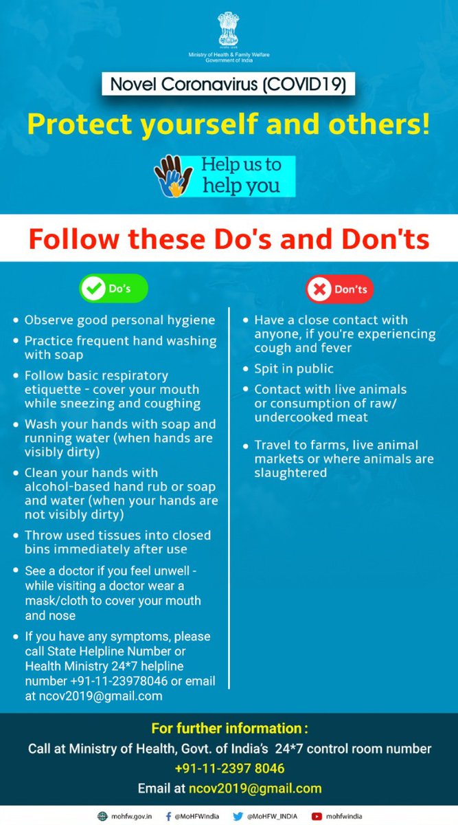 MoHFW_INDIA's tweet photo. Some simple measures can help to protect against #COVID19:

Share this information with your family, friends, colleagues and neighbours too. Also note the 24*7 Helpline number. 

#coronavirus
#SwasthaBharat
#HealthForAll https://t.co/1cboQMHicN