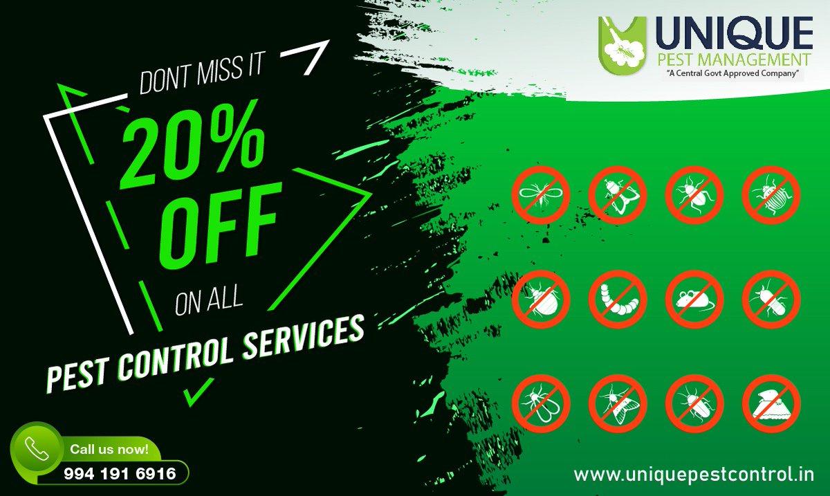 pest_unique's tweet image. Special offer for online Clients. All types of Pest Control Services like Termite , Mosquito, ants, rodents, Cockroaches and Etc. for more details Call: 9941916916 or  Log on to uniquepestcontrol.in.   #Flatoffer #pestcontroloffer  #20%offer