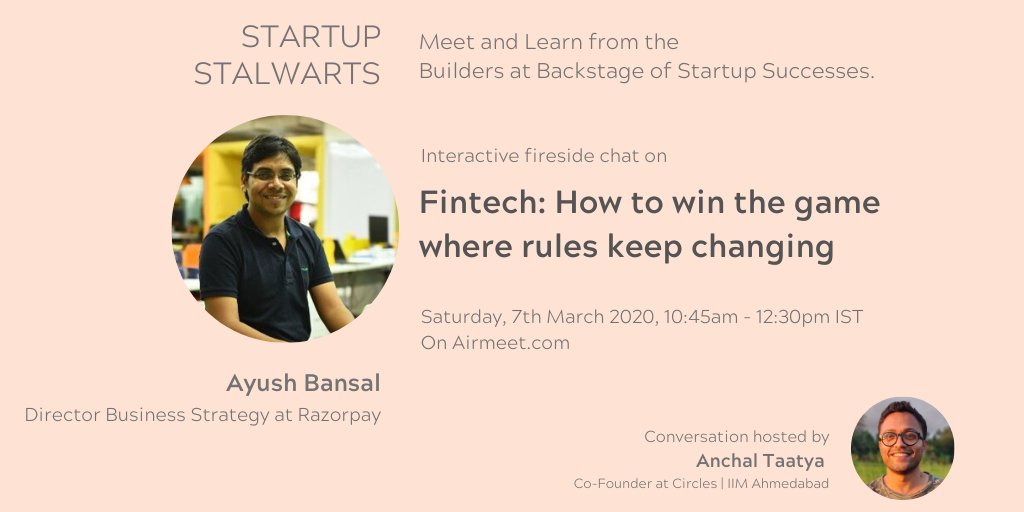 This Saturday, Startup Stalwarts is hosting a fireside chat regarding #FinTech, #Careers, #Projects and #Insights with <a href="/Bansal13Ayush/">Ayush Bansal</a>, Director Business Strategy <a href="/Razorpay/">Razorpay</a> , and <a href="/anchaltaatya/">taatya.eth</a>, founder of Circles, a social payments platform.

Register - bit.ly/ayushbansal