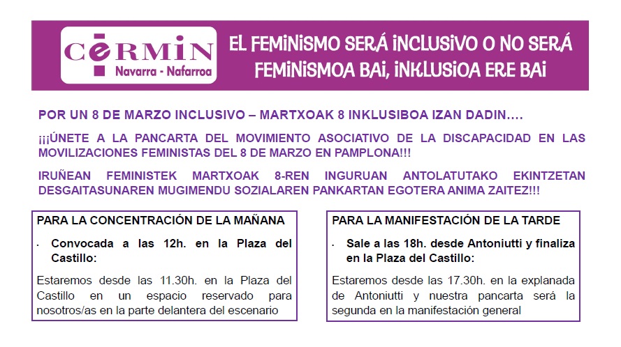 Acompáñanos con nuestra pancarta en actos de <a href="/NafarroakoM8/">Nafarroako Mugimendu Feminista</a> para el #8M #M8

Concentración de las 12,00:
⏰desde las 11,30 horas.
Espacio Inclusivo de la Plaza del Castillo (parte delanteria del escenario)

Manifestación de las 18,00:
⏰desde las 17,30 horas.
Explanada Antoniutti