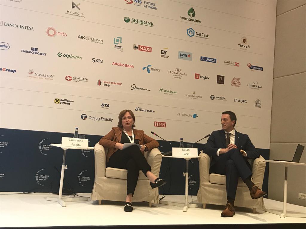 EBRD's tweet photo. Our Head of #WesternBalkans Zsuzsanna Hargitai at #KBF2020 discussed about strengthening regional economic cooperation through the project that will unite all business registries BIFIDEX. #EBRDdonors #GGF  @DFID_UK @savezekonomista
#IWD2020 #EBRDimpact #leadershipbyexample https://t.co/Z10c0TNY7x