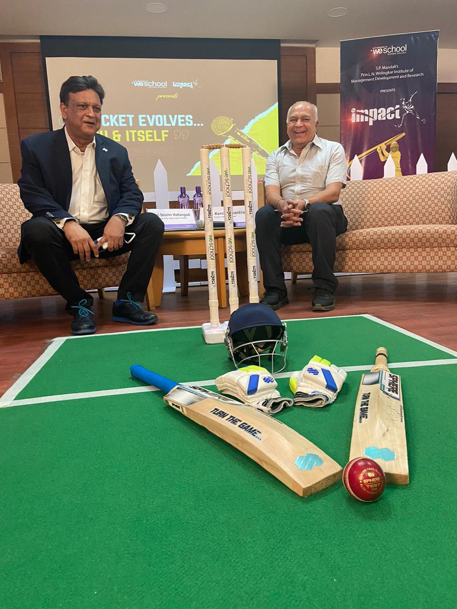 ImpactWeschool's tweet photo. An insightful talkshow "Cricket Evolves- You and Itself" filled with memories, stories and experiences, @shishhattangadi sir  &amp; #KeniaJayantilal  sir graced Impact2020 by their presence and interacted with students and future managers sharing knowledge and their love for cricket. https://t.co/NuAyiTlhVa