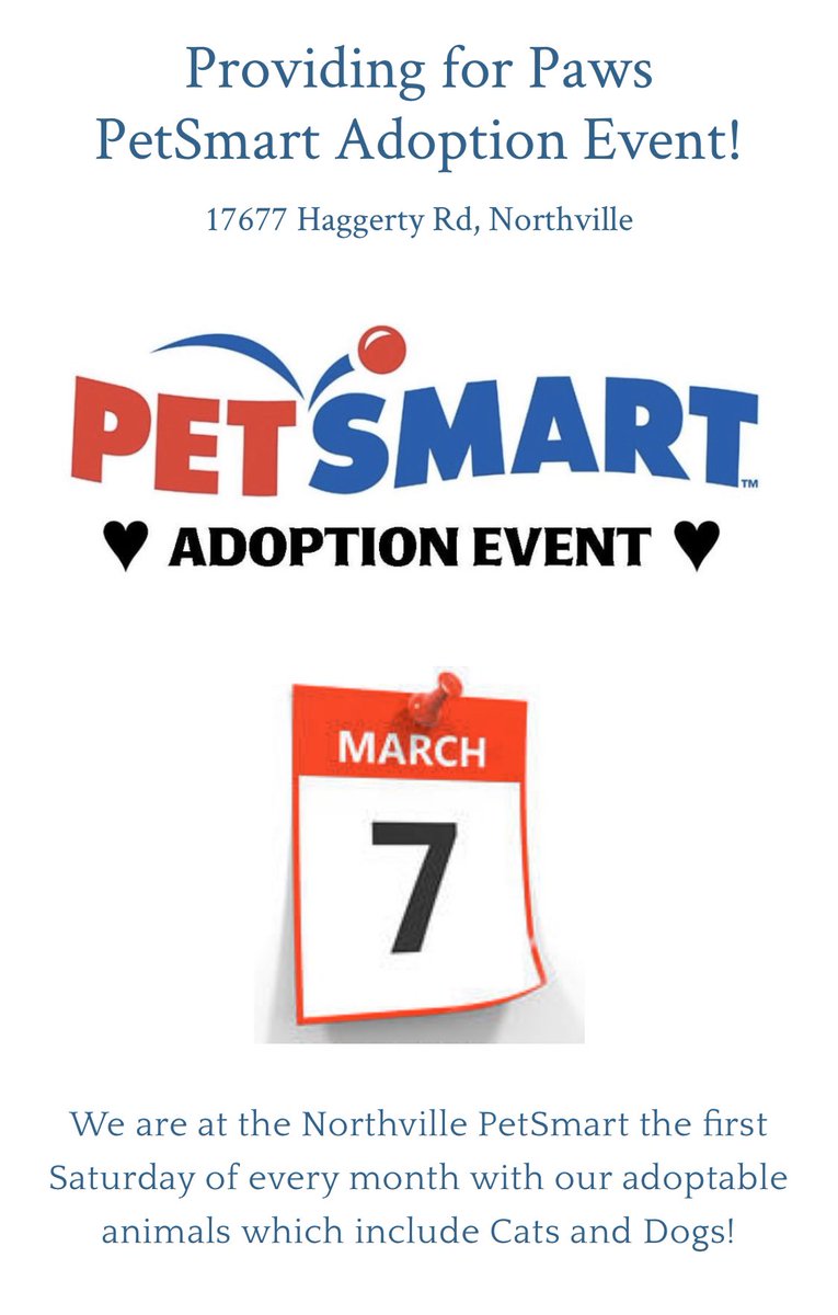 PFPMI's tweet photo. Remember to join us this Saturday at PetSmart in Northville! We will have some of our available dogs and cats that are ready for homes there to meet you! https://t.co/iOsB9YbuO1 #adopt #AdoptDontShop #pfpmi #teampfp #petsmart https://t.co/2nvWgPaUKQ