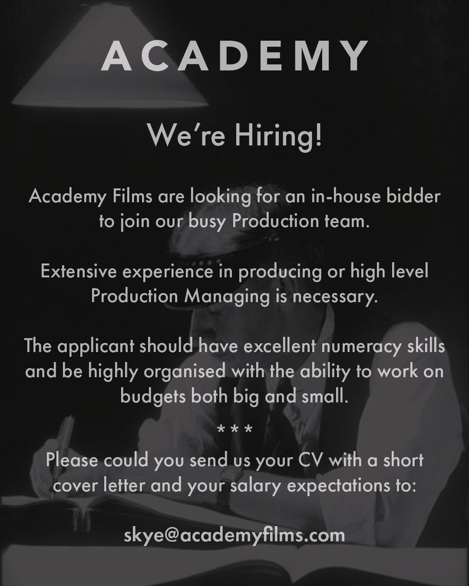 AcademyFilms's tweet photo. We are hiring!

#bidder #jobvacancy #wearehiring #academyfilms https://t.co/HLEhYd2NVK