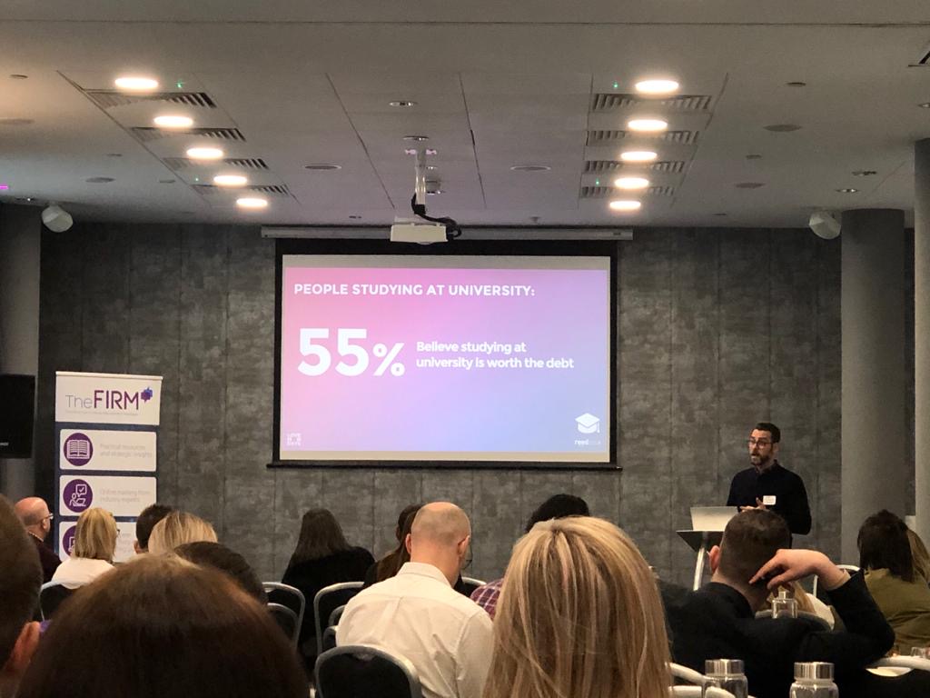 TheFirmRecruits's tweet photo. Simon, https://t.co/OGuMXWEvfq kicked off his session with a few interesting stats! Did you know 55% of people believe studying at university is worth the debt but 51% don't believe university prepares you for the working world. Left university recently? Do you agree? #FIRMday https://t.co/FSvppLSuLV