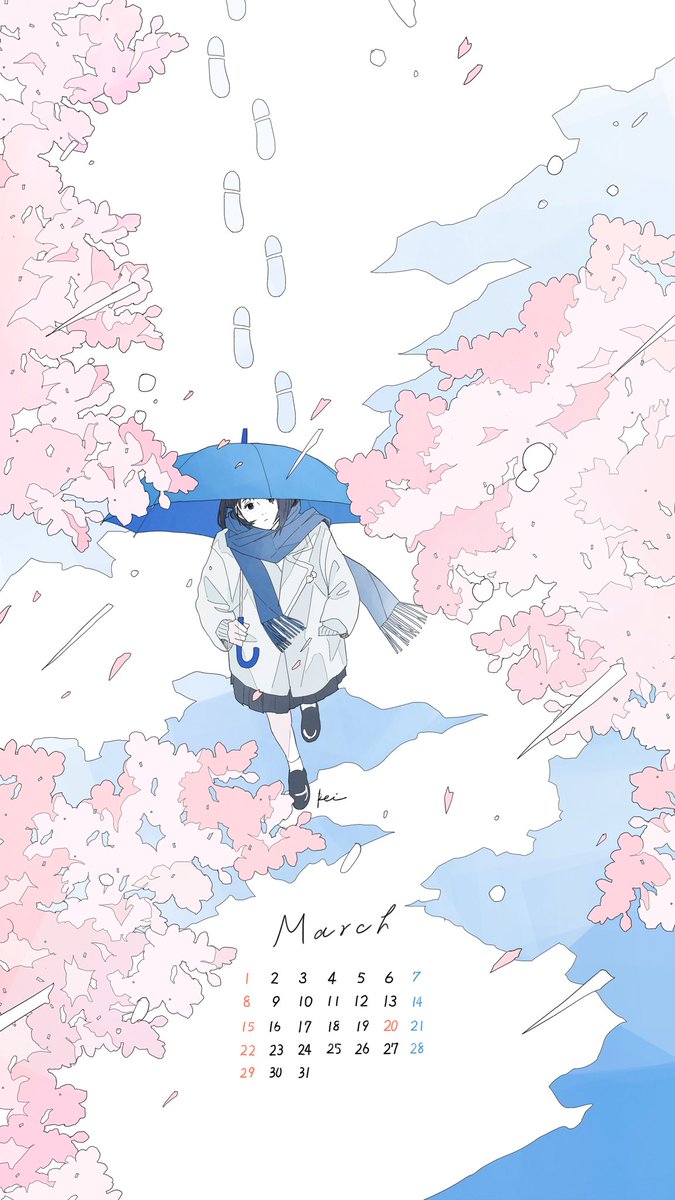 1girl solo umbrella scarf blue scarf cherry blossoms holding umbrella  illustration images