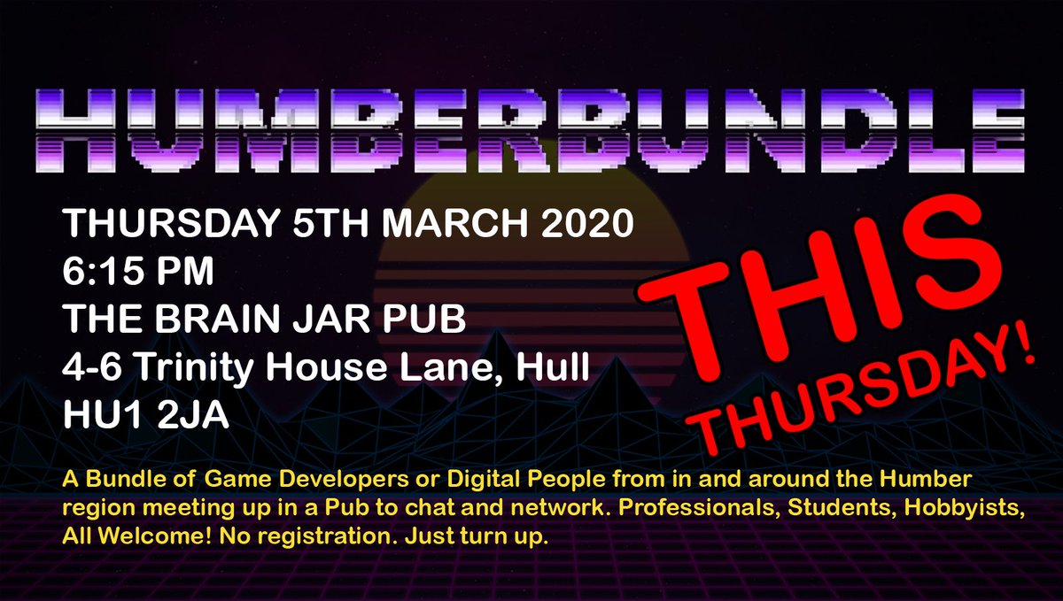 THIS THURSDAY!

#HumberBundle will be back on the 5th March at The Brain Jar. We want folks who are working/interested in the digital media/game industries to meet up and network. Professional, indie, hobbyist, student, ALL WELCOME! Bring a Friend! #Hull #Humber