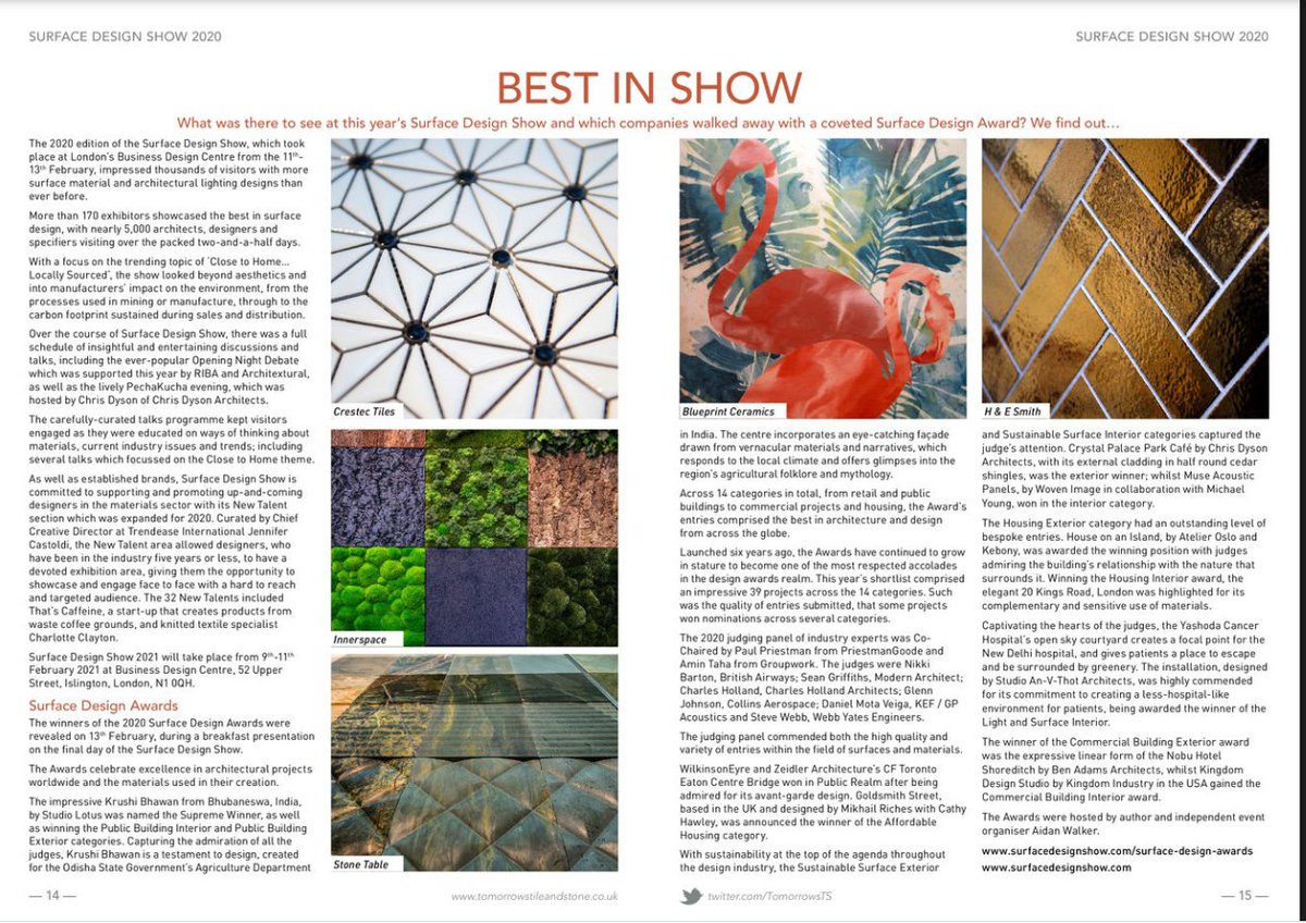Read Tomorrow's Tile and Stone review of <a href="/surfacethinking/">Surface Design Show</a>  Our Wallpaper Nature has been featured as one of the best in show. Read the whole article using the link.

content.yudu.com/web/1jybr/0A1v…

#tile #tiles #design2020 #specification #interiordesign #showroom #samples