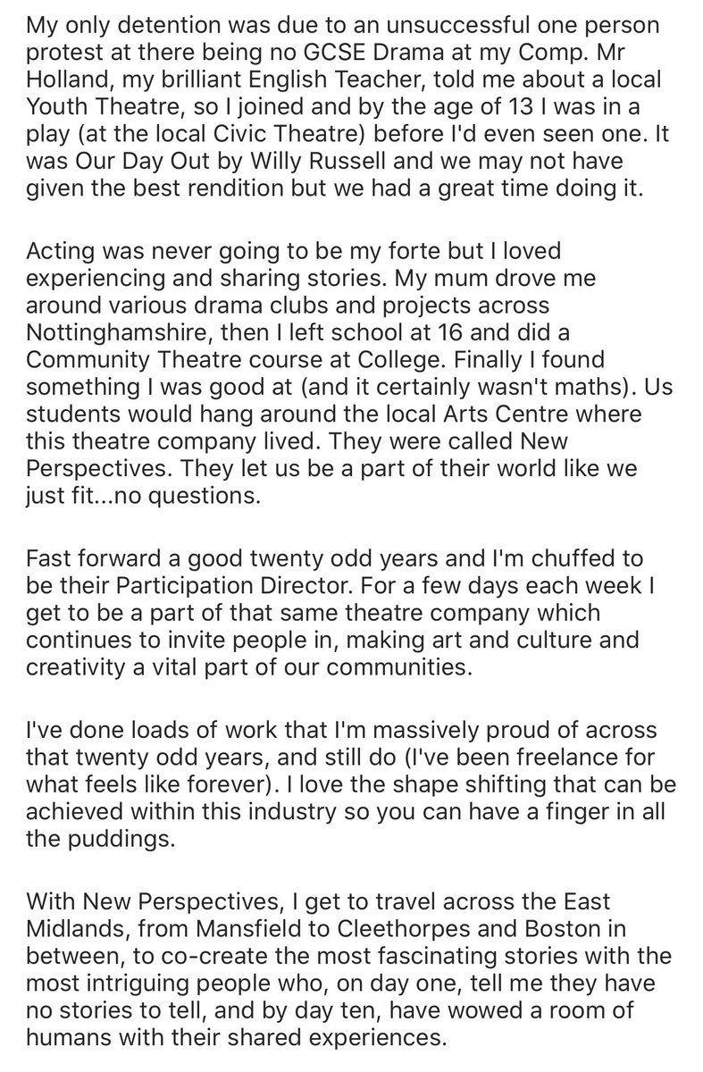 Jayne Williams (<a href="/MrsJayneW/">JayneWilliams</a>), freelance writer/theatre maker, participation director at New Perspectives

“ I love the shape shifting that can be achieved within this industry so you can have a finger in all the puddings.”

#HumansOfTheatre