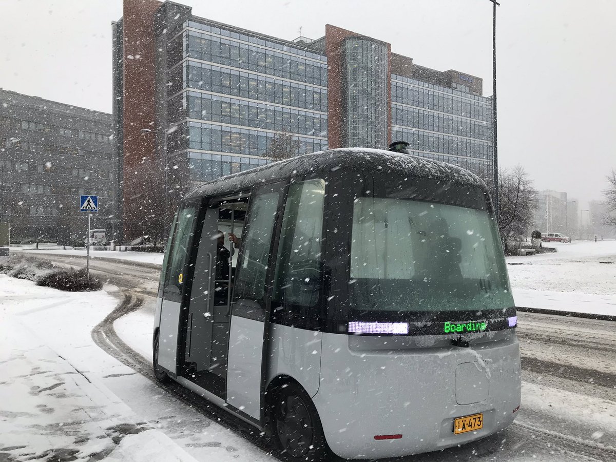 tommiuitto's tweet photo. My first ever ride in a self-driving vehicle, at Nokia campus. It navigates with LIDAR, and is the only such vehicle in the world capable of driving in bad weather. 5G is used for remote control driving SAE Level 4 and for uplink video feeds. #nokia #sensible4 #gotcha #espoo #5G https://t.co/NVRjqAc2hU