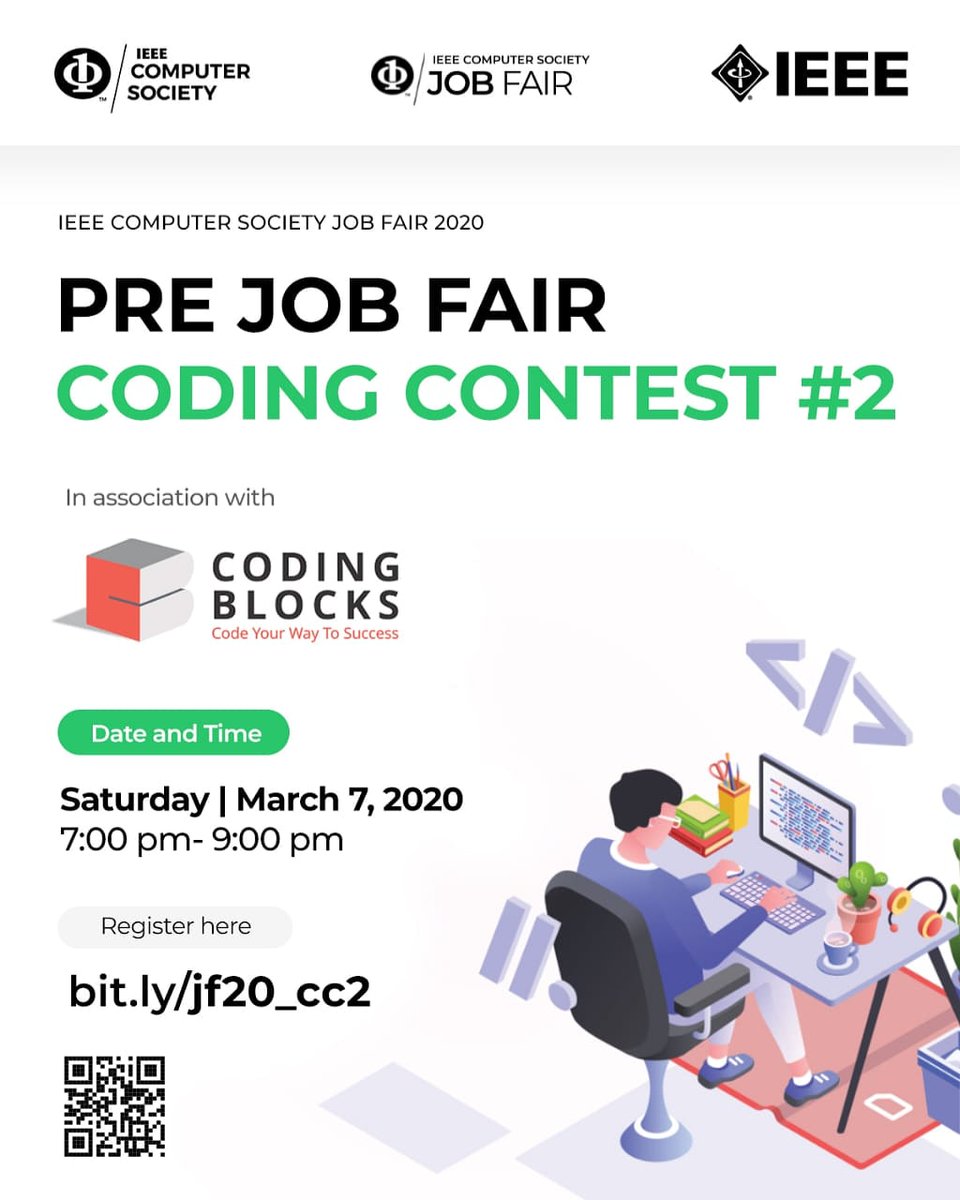ieeecsjobfair's tweet photo. Get ready for another spectacular ride.
Yes!! the Coding Contest #2 in the Pre-Job Fair Coding Contest series collaborating with Coding Blocks is out!!!
Grab the registration link and participate.
@ComputerSociety
#IEEE #IEEECS #IEEECSJOBFAIR #IEEECSJOBFAIR20 #CODING_BLOCKS https://t.co/wxtFzwl8m0