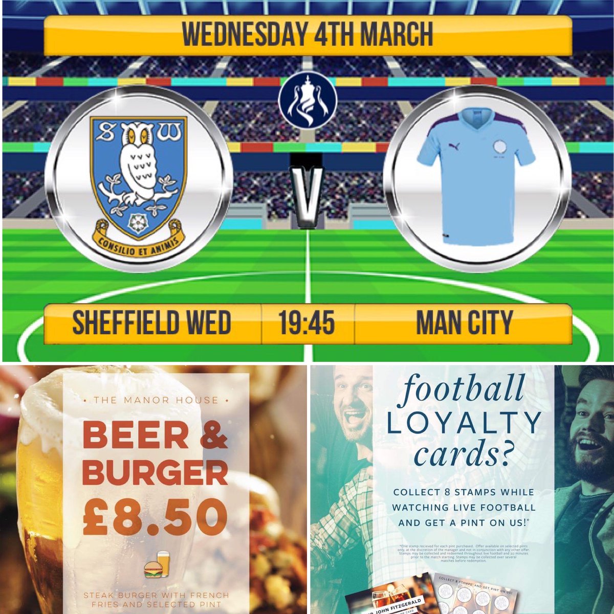 ManorHouseSJF's tweet photo. Come and watch Manchester City take on Sheffield Wednesday tonight in the FA cup! Grab yourself a beer and a burger for only £8.50 while the football is on! 

⚽️🍺🍺

#beer #burger #pints https://t.co/k8OLIDDLHF