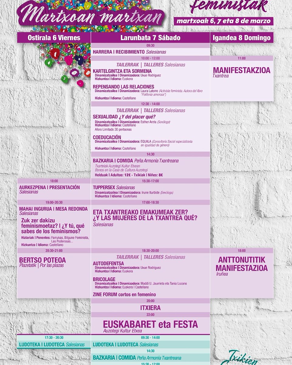 Este viernes a las 19h Las Poderosas participarán en la mesa redonda, organizada por el talde feminista de la Txantrea, junto con Farrukas Iruñea e Iruñerriko Bilgune Feminista.
A las 19h en el salón de actos de Salesianas.