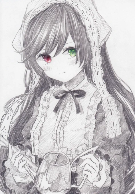 主にシャーペンで描きました。瞳は色鉛筆を使いました。
ローゼンメイデンより翠星石です 