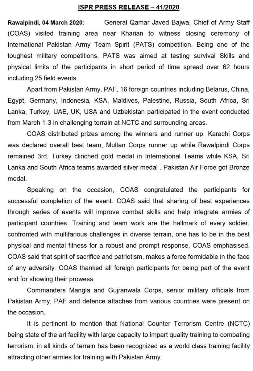 Gen Qamar Javed Bajwa, COAS visited training area near Kharian to witness closing ceremony of Intl Pak Army Team Spirit competition. PATS is aimed at testing survival skills & physical limits of participants. Apart from Pak Army & PAF, teams from 16 foreign countries participated